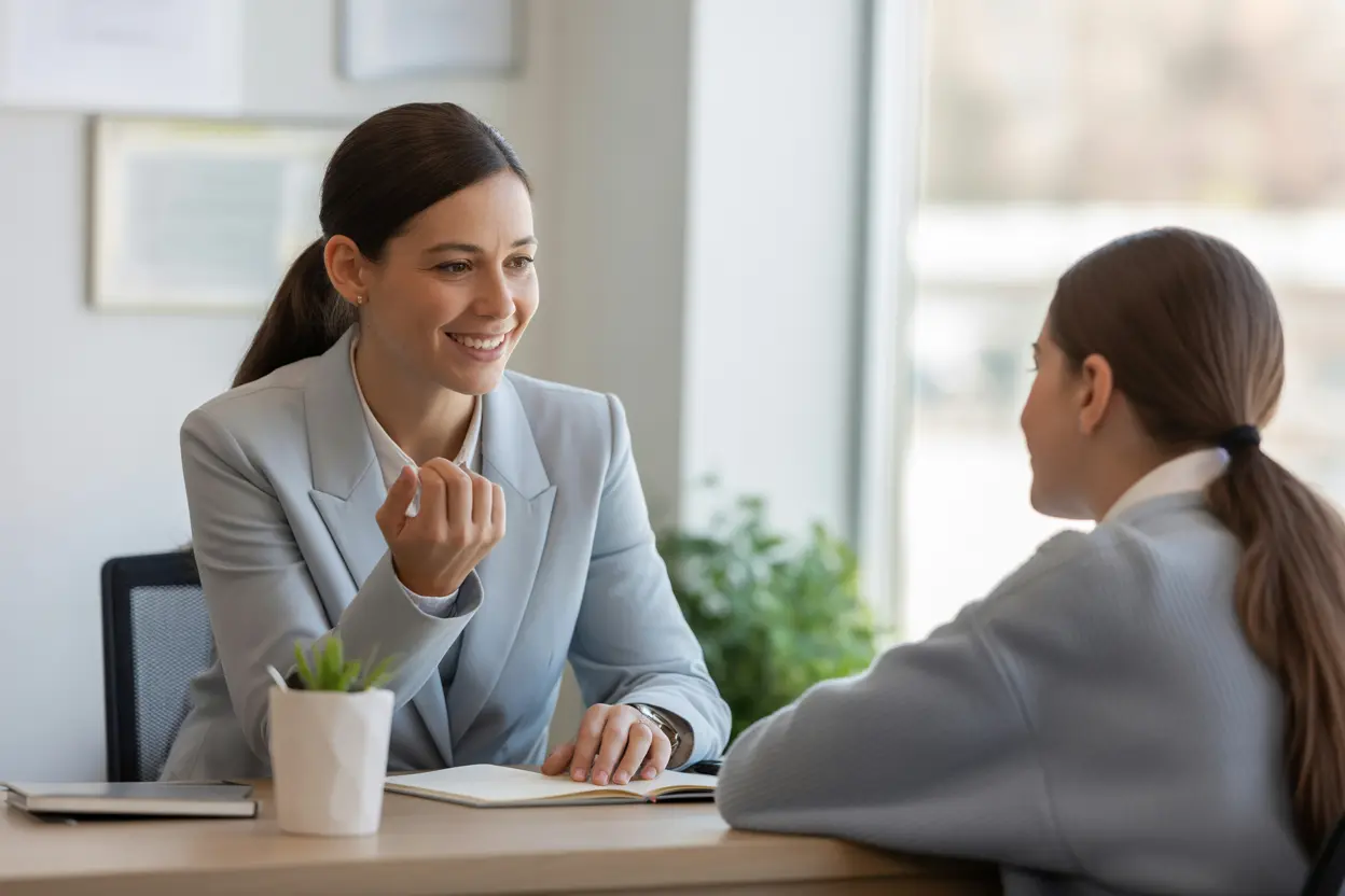 A compassionate advisor listens to a college student in a bright, welcoming office, showing that support is available.