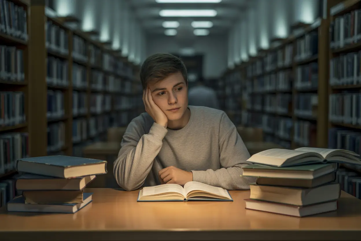A thoughtful college student studies at a desk in a library late at night, representing the academic pressure students face.