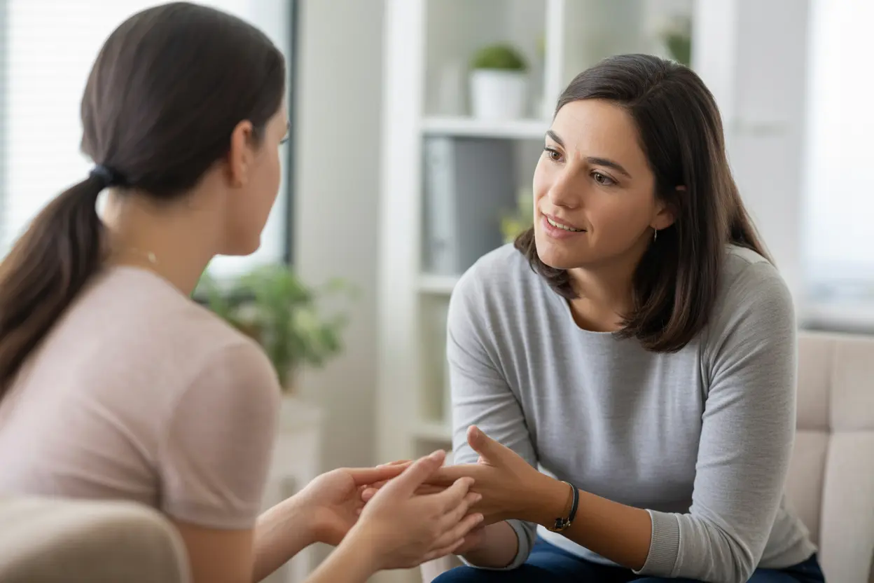 A caring therapist has a conversation with a young adult in a sunlit, professional office setting.