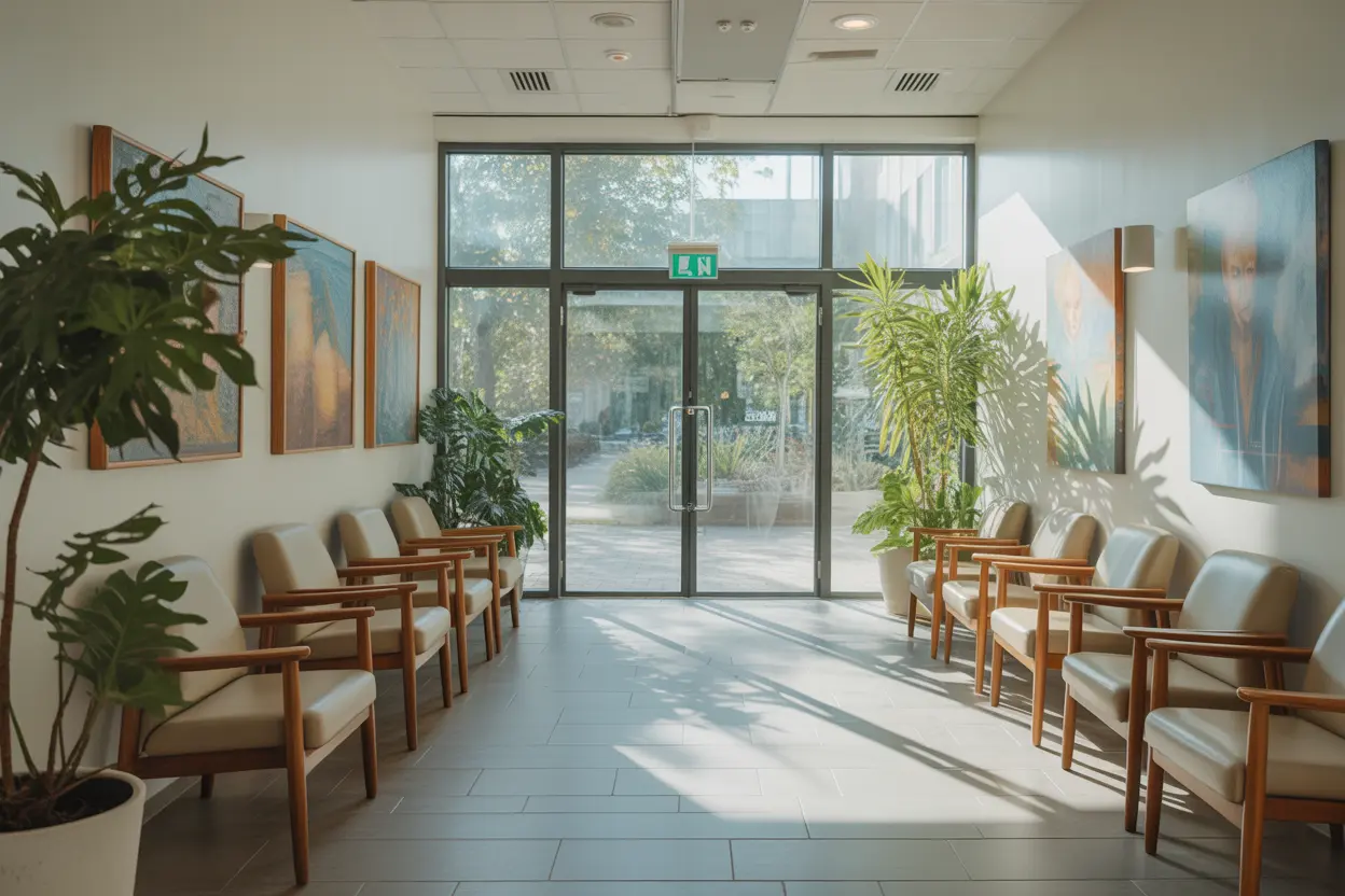 A welcoming and serene waiting area in a university wellness center, featuring comfortable seating and calming decor.