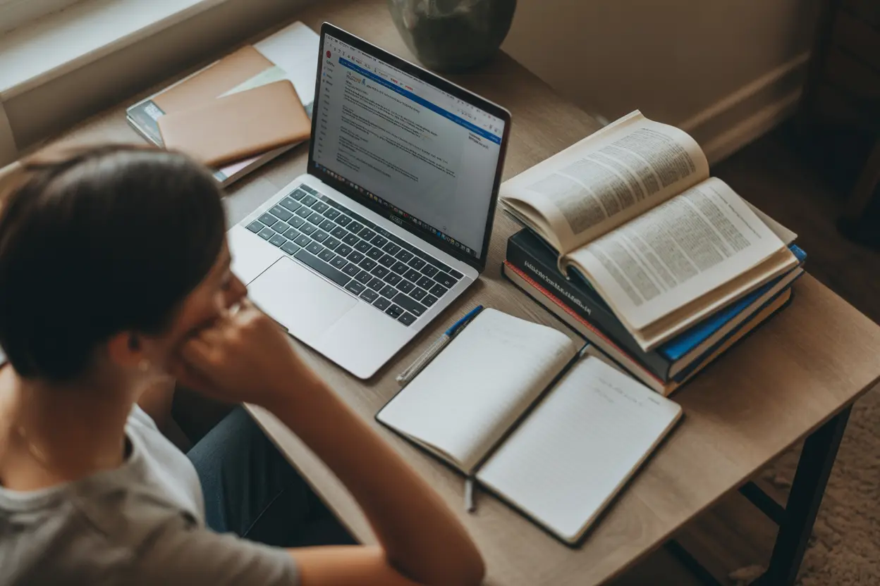 A student's desk viewed from above, showing a laptop, books, and a notebook where they are writing, in a calm, focused setting with natural light.