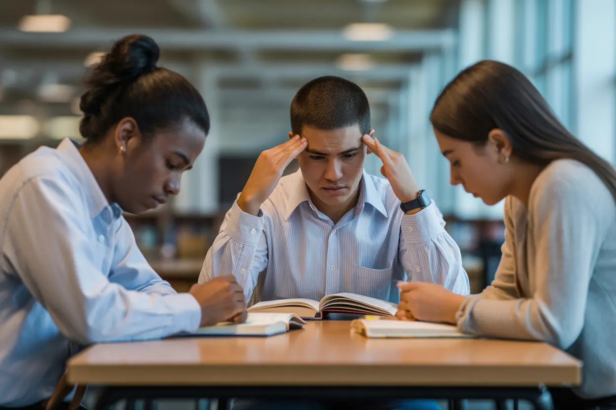 Three university students studying together in a library, one looking stressed.