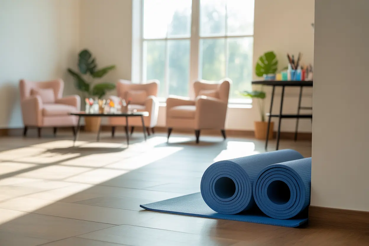 An inviting, sunlit community room in a recovery facility, prepared for healing activities.