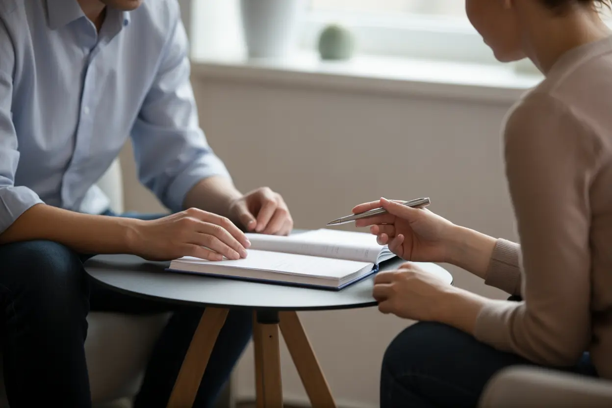 A therapist and a client work together on a workbook in a bright, modern office.