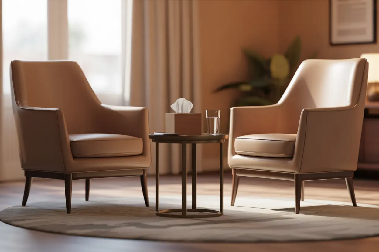 An empty, serene counseling office, providing a safe space for healing.