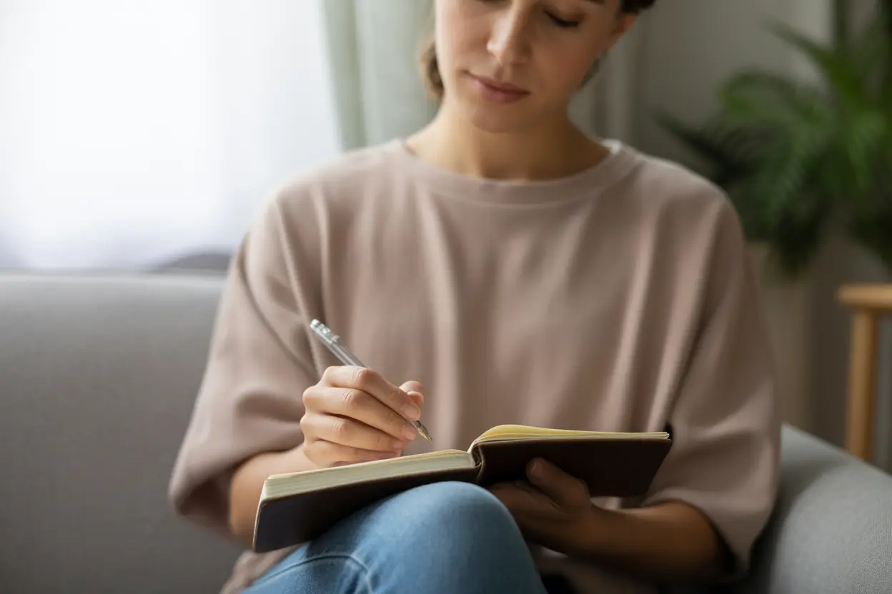 A person writing peacefully in a journal by a window, engaged in a compassionate letter-writing exercise.
