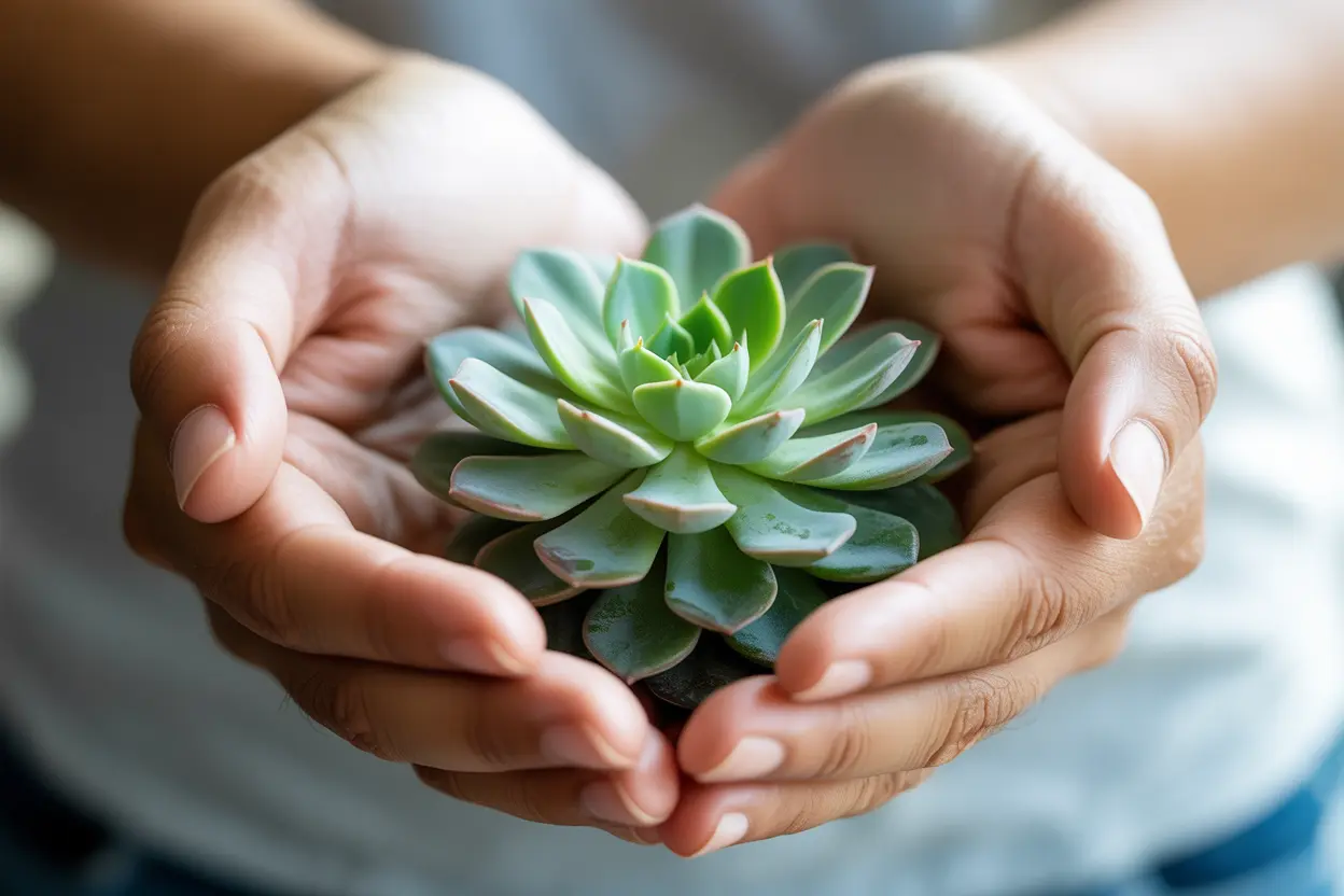 A person's hands gently holding a small succulent, symbolizing self-compassion and growth.