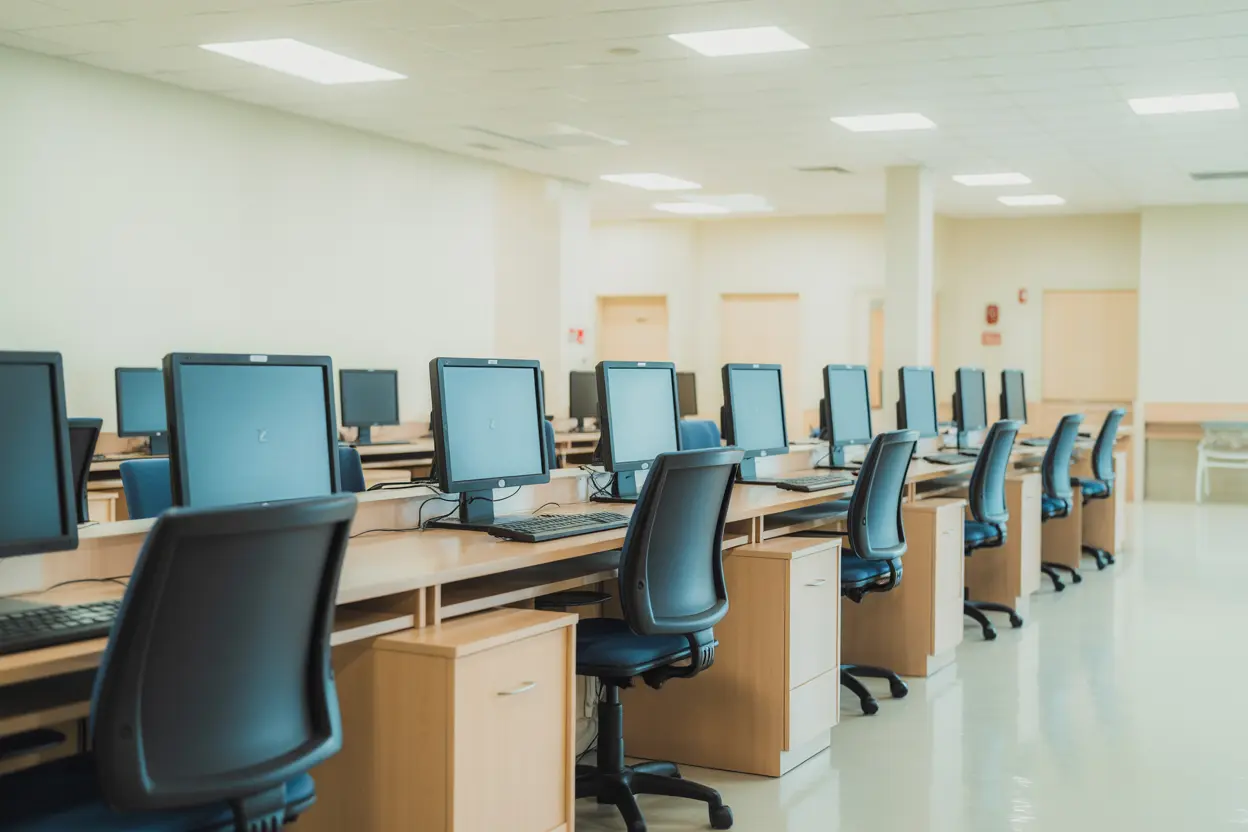 A quiet and modern computer lab in a rehab facility, with several workstations ready for use.