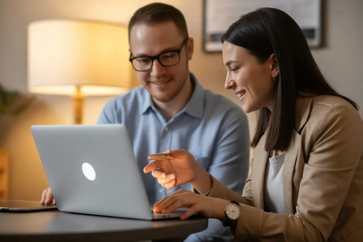 A counselor helps a patient use a laptop to plan for their future after rehab.