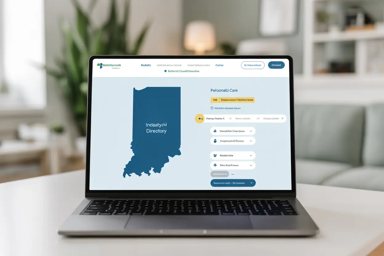 A laptop screen showing a rehab directory for Indiana with a filter for personalized care.