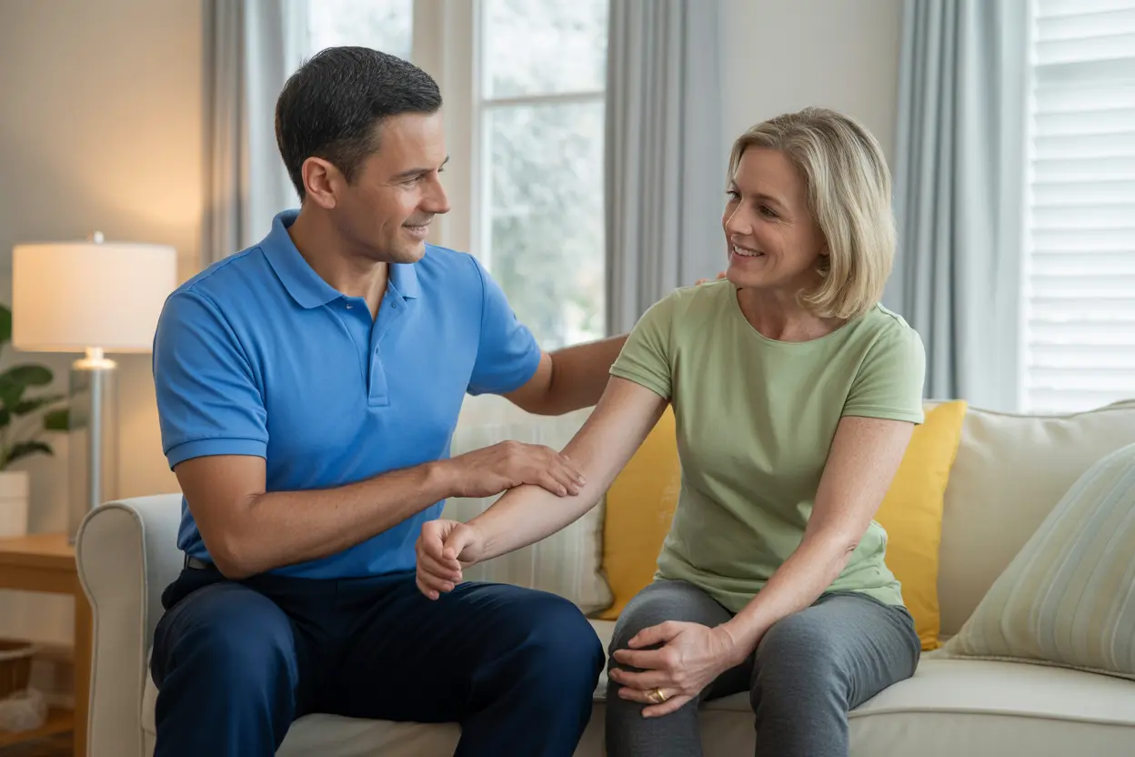 A friendly physical therapist providing one-on-one care to a client in their home.
