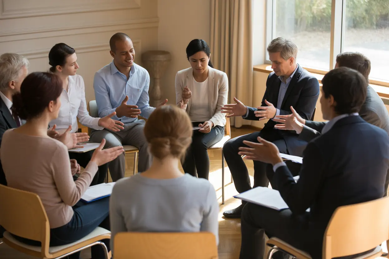 A supportive group therapy session taking place in a bright, calm conference room.