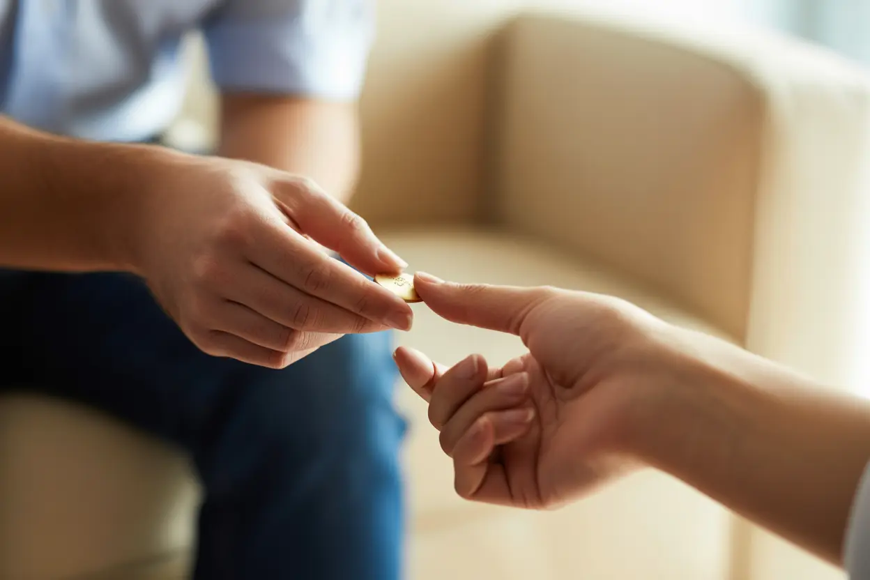 A supportive clinician's hand gives a token to a patient in a therapy session.