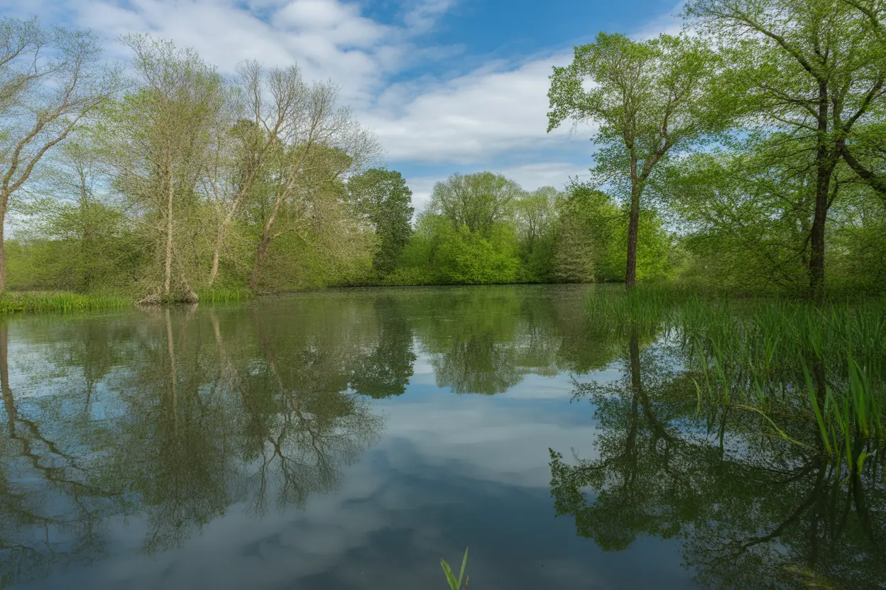 A tranquil pond in Indiana surrounded by lush green trees, reflecting a clear blue sky.