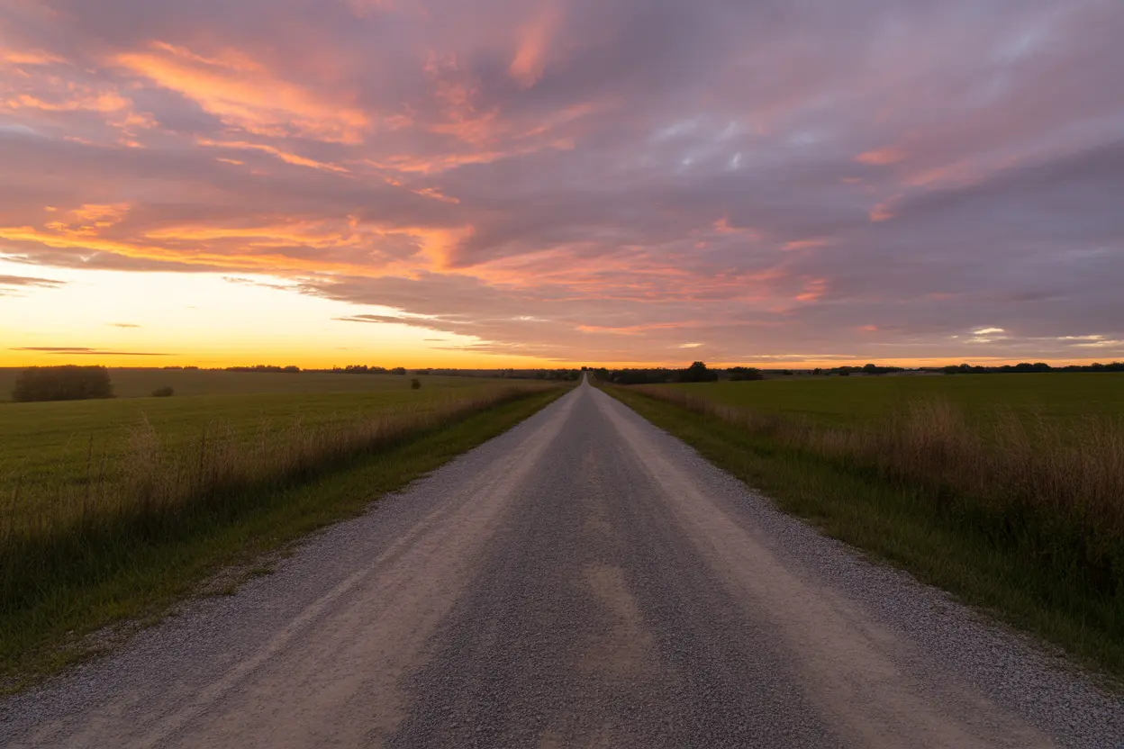 A gravel country road in Indiana stretching towards a hopeful sunset, symbolizing the journey to recovery.