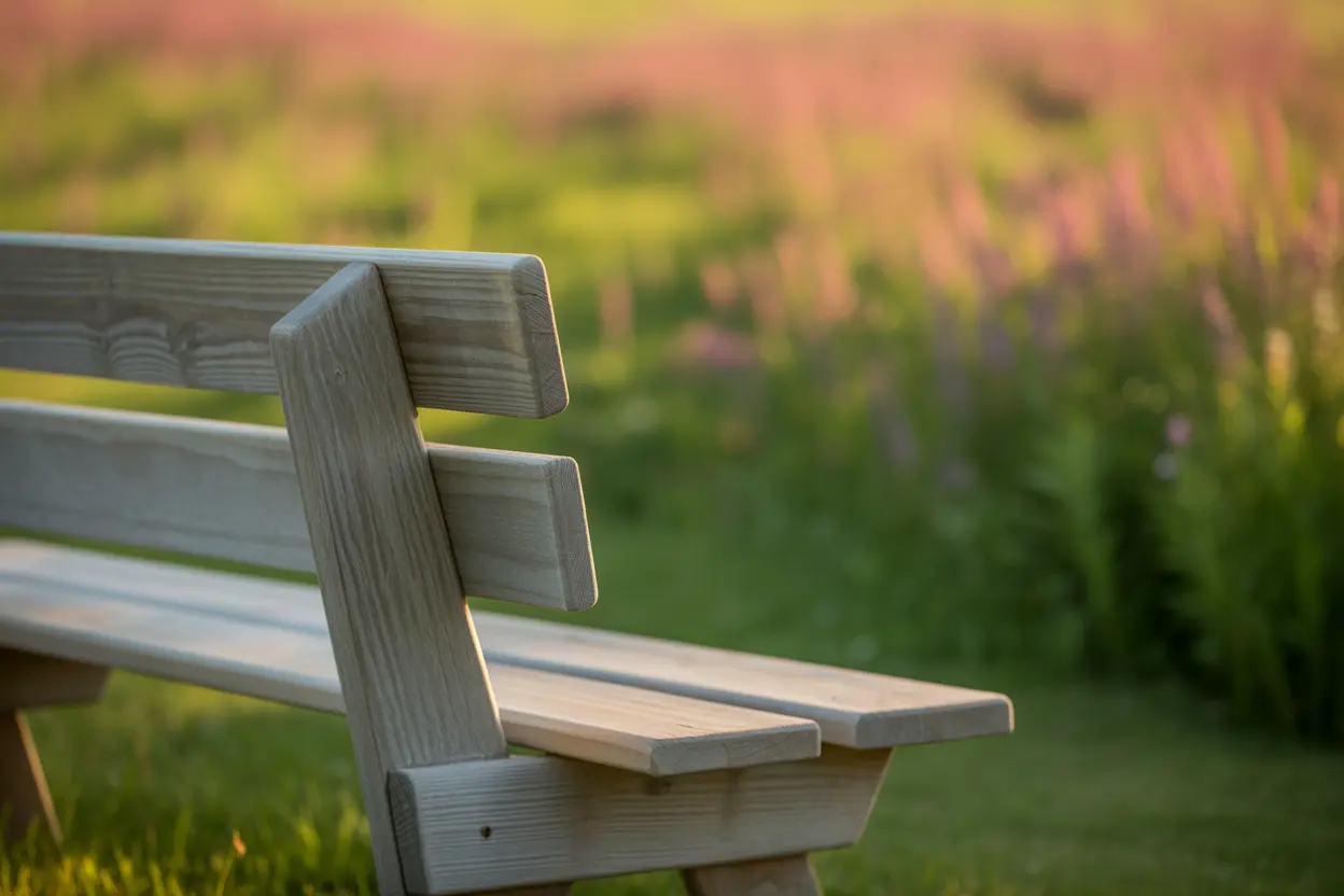A wooden bench overlooking a field of wildflowers in Indiana, suggesting a peaceful place for contemplation.