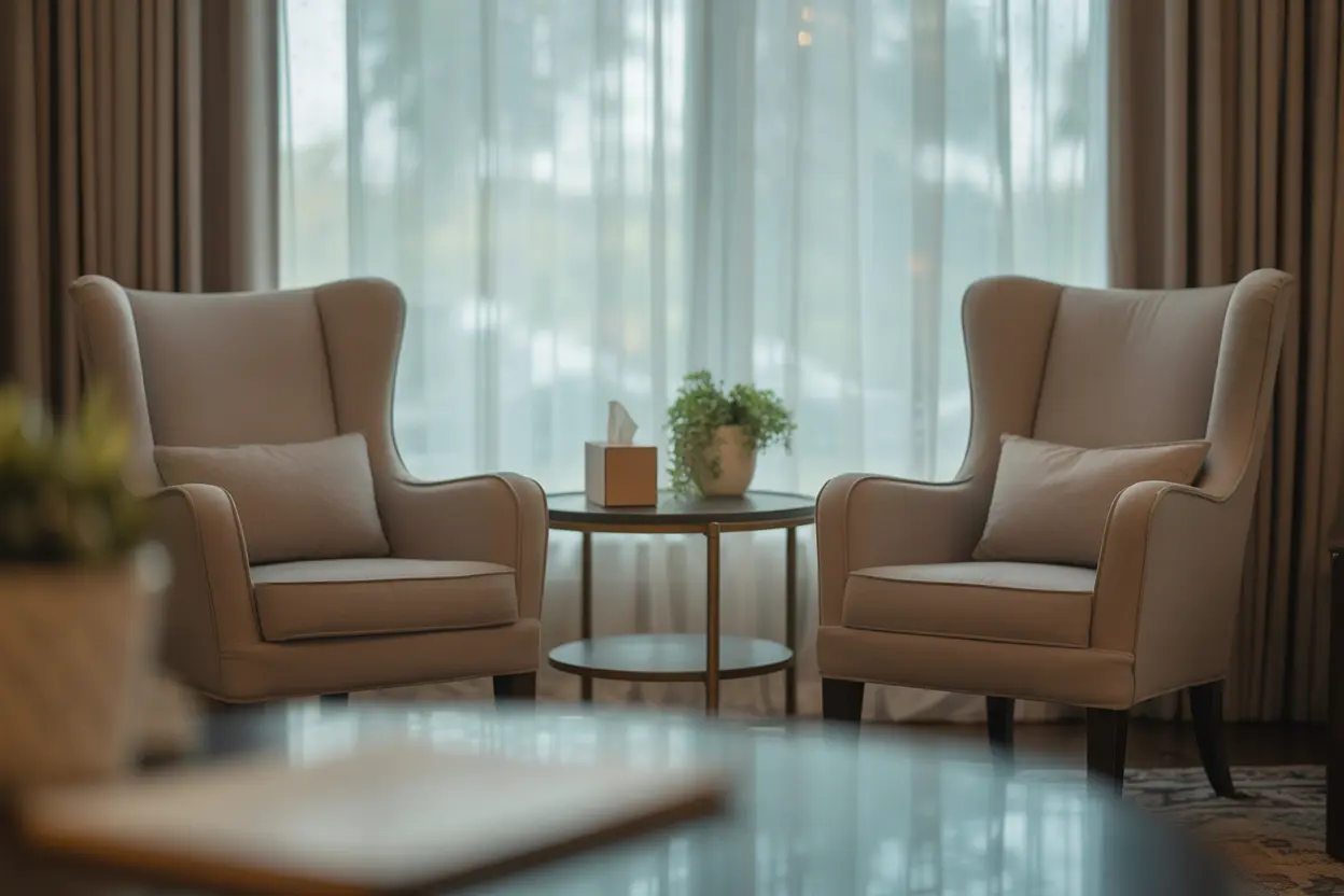 A serene and professional therapy office with two armchairs ready for a conversation.