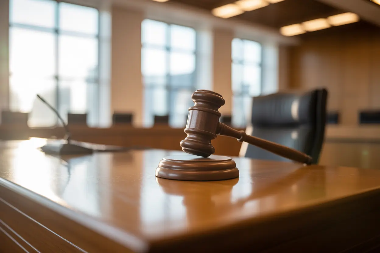 A gavel rests on a judge's bench in an empty courtroom, symbolizing a court-ordered decision.