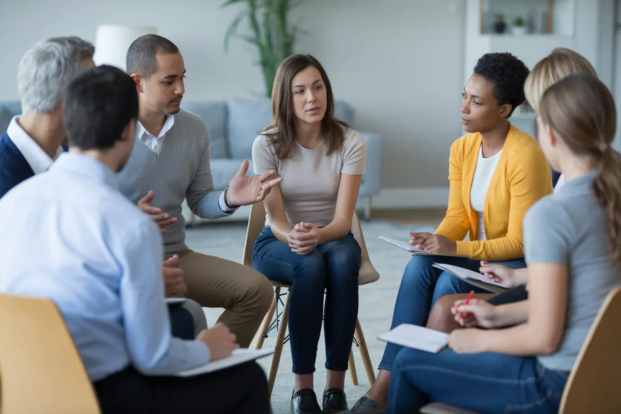 A diverse group of individuals in a group therapy session, showing support and community.