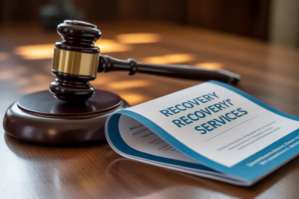 A gavel rests beside a recovery brochure, symbolizing a focus on rehabilitation over punishment.