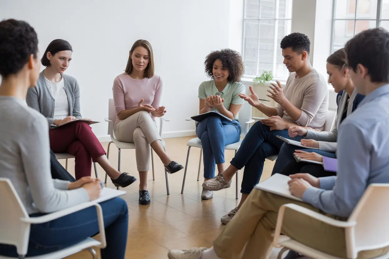 A diverse group of people in a bright room during a group therapy session, showing support and community.
