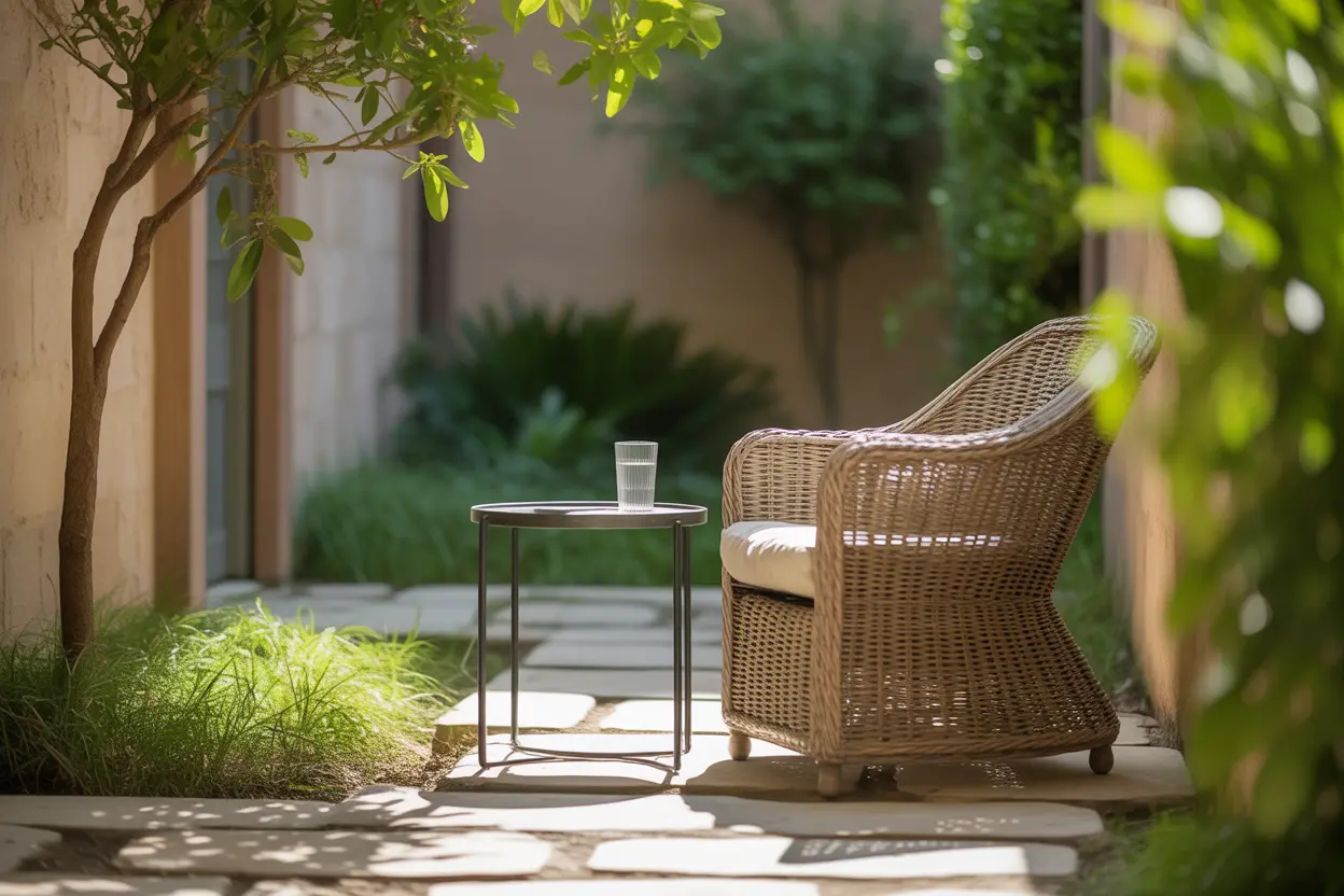 A quiet and sunny corner of a rehab courtyard with a comfortable chair, inviting reflection.