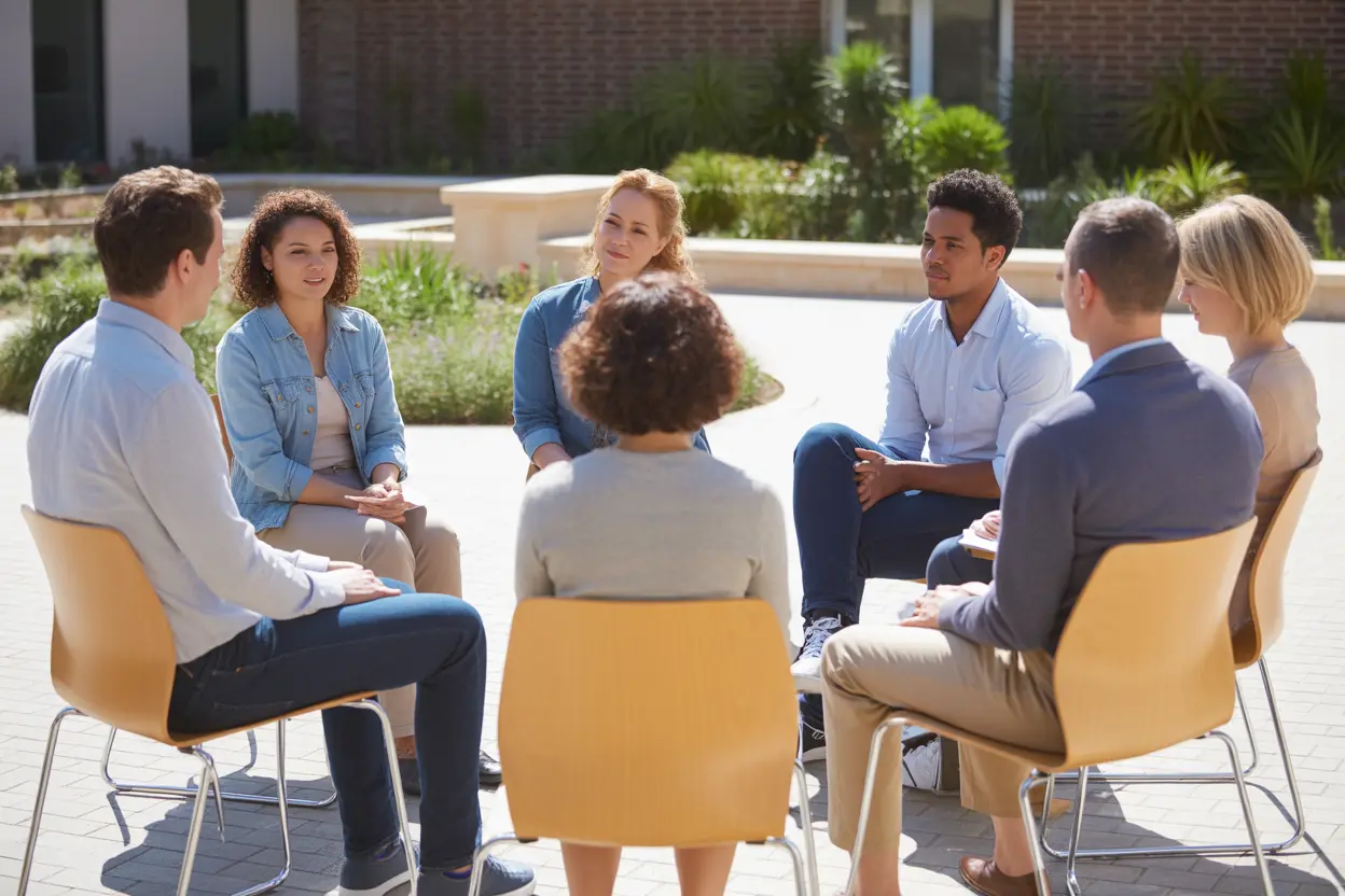 A group therapy session taking place in the sunny, peaceful courtyard of a rehab facility.
