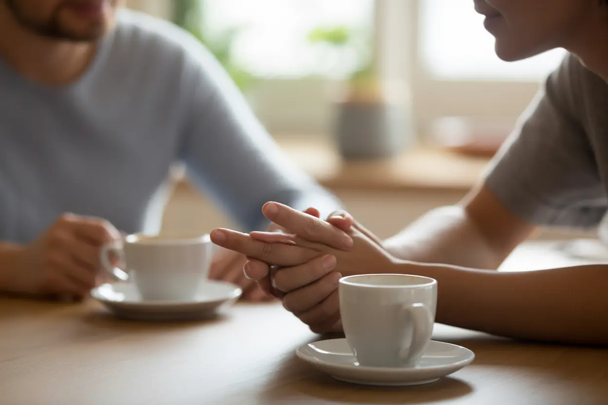 Two people having a supportive conversation over coffee at a kitchen table.