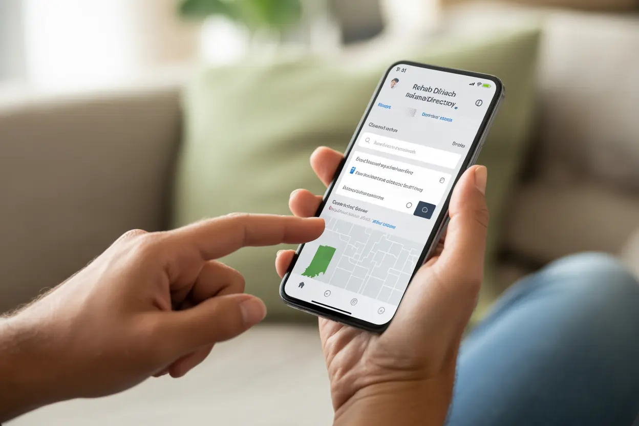 A person uses their smartphone to look for addiction treatment resources on a map of Indiana.