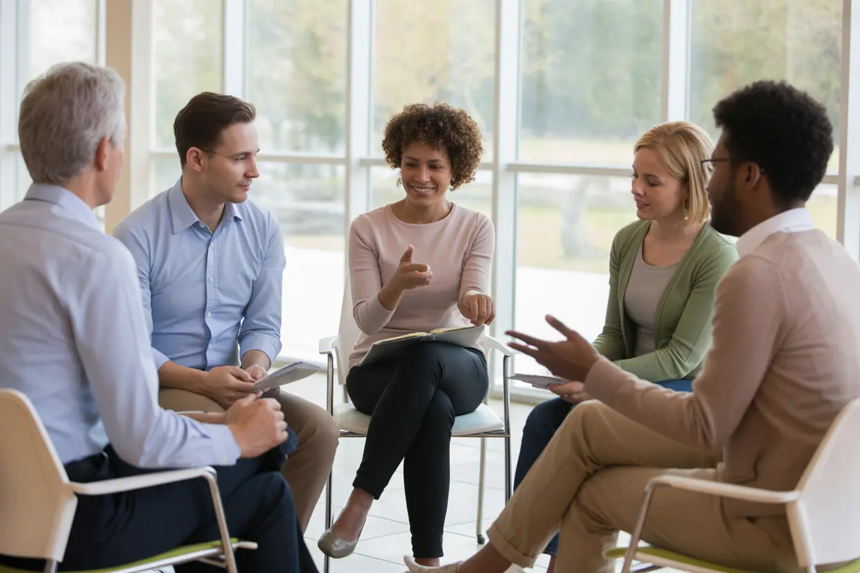 A supportive group therapy session in a bright, comfortable room, showing community in addiction treatment.