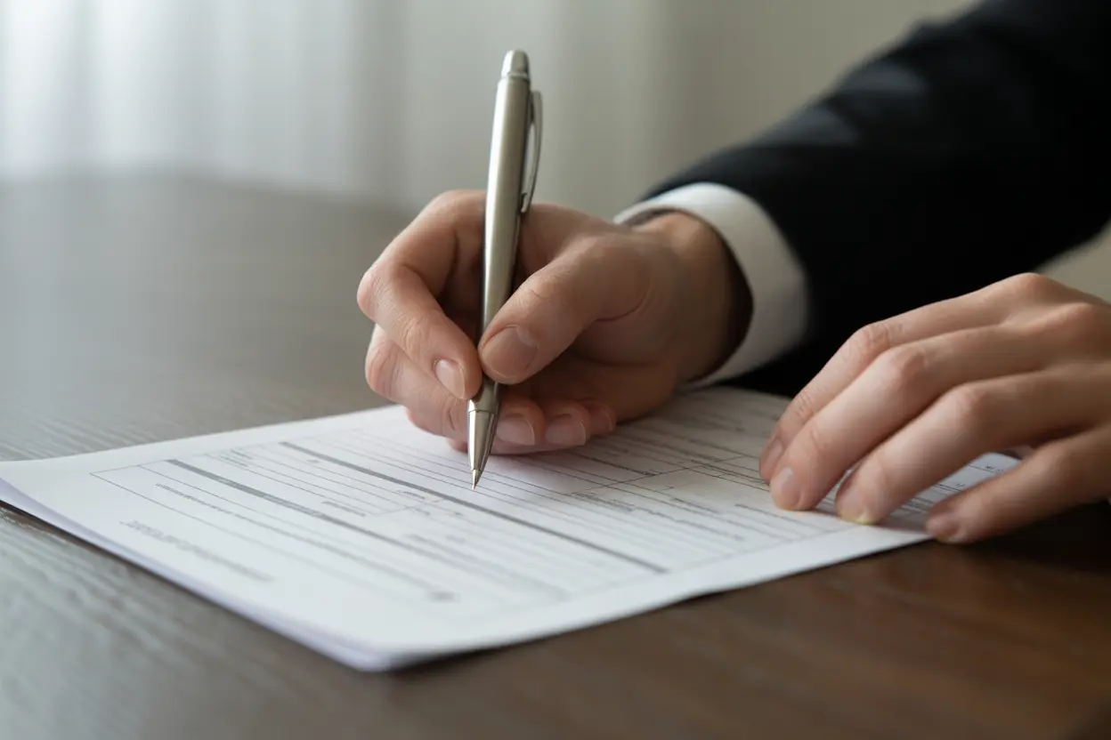 A person's hands filling out a compensation application form at a desk.
