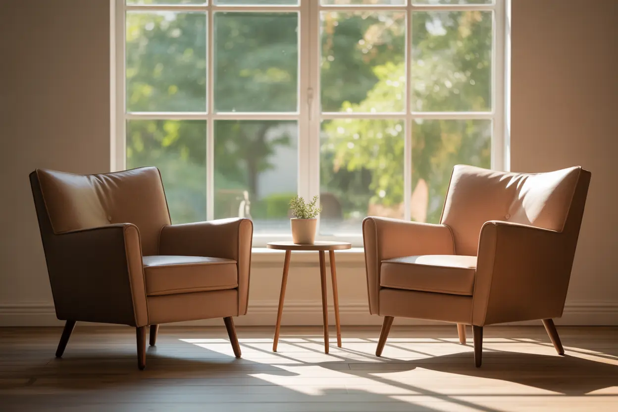 An empty, peaceful therapy office with two comfortable armchairs, ready for a supportive conversation.