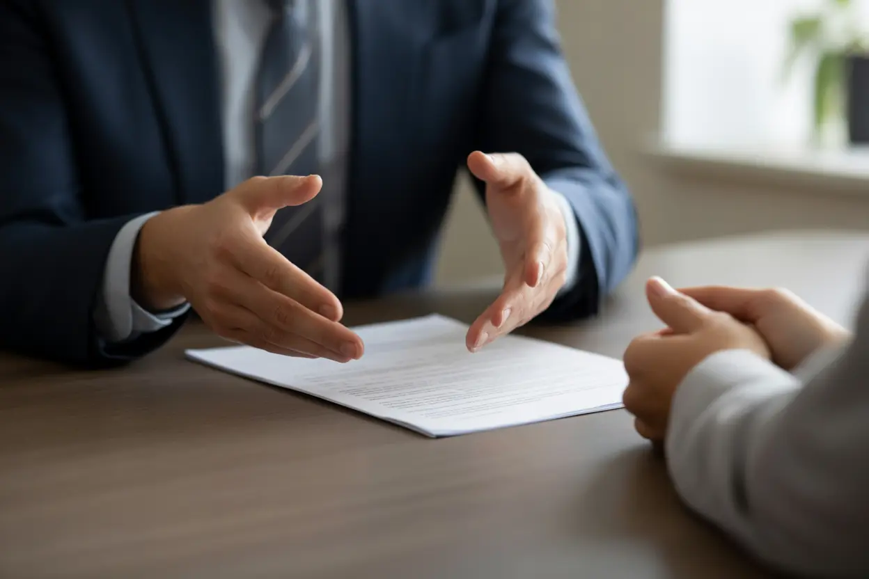 A compassionate professional guides a client through paperwork in a supportive office environment.