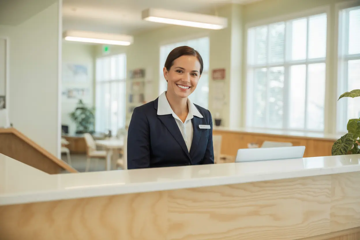 A welcoming reception area for a support services office in Indiana, filled with natural light.
