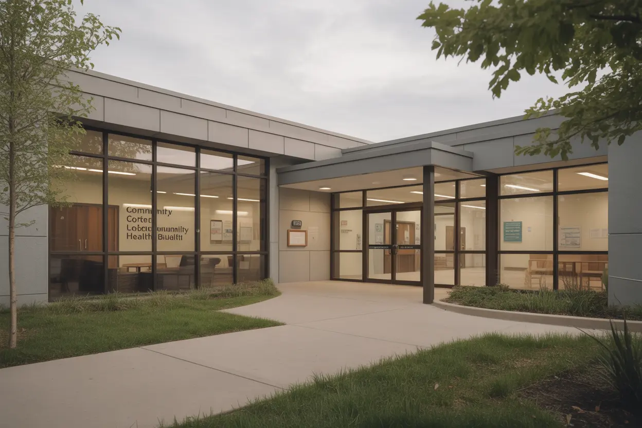 The calm, welcoming entrance to a modern community health building in Indiana, representing a safe place for crisis care.