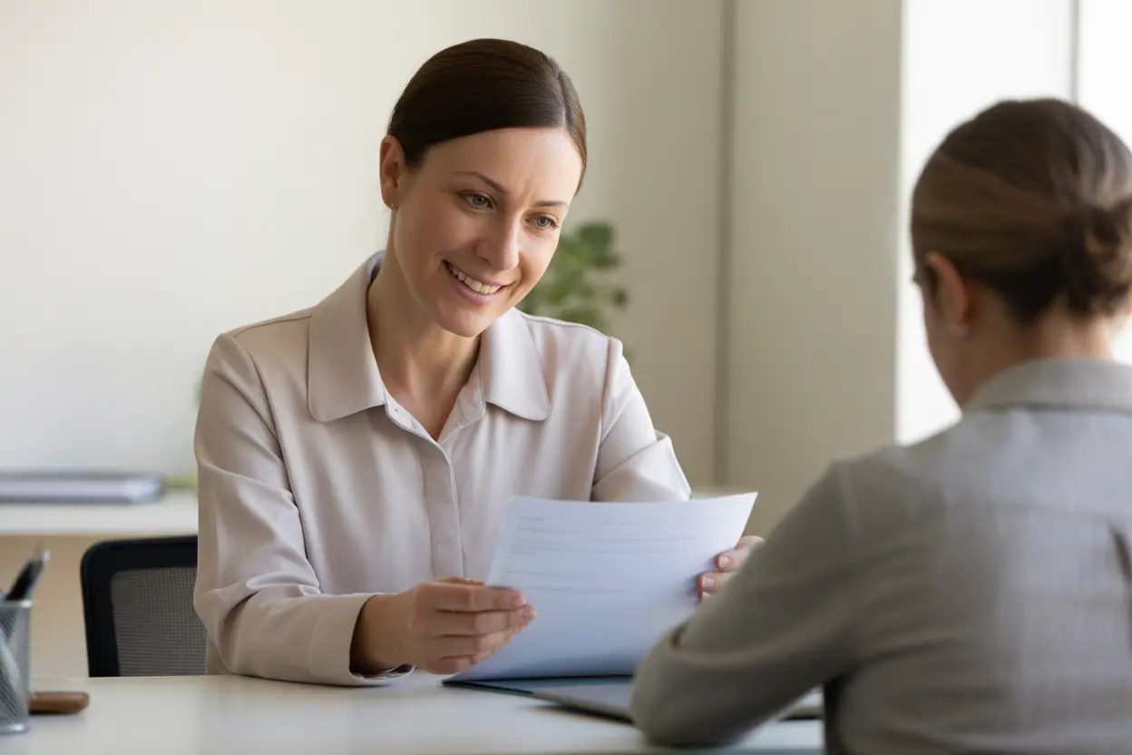 A compassionate care coordinator reviews a treatment plan with a client in a bright, professional office.