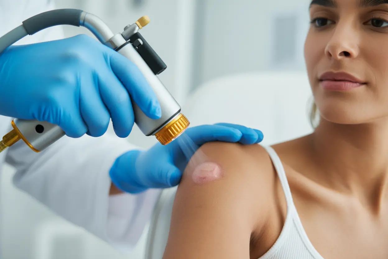 A dermatologist applying liquid nitrogen from a cryotherapy device to a patient's arm.