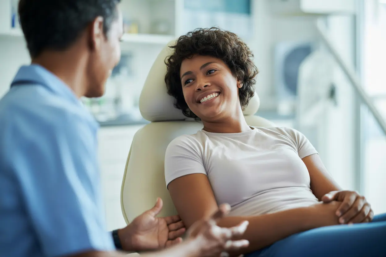 A patient smiling and talking with a healthcare provider in a clinic after a successful procedure.