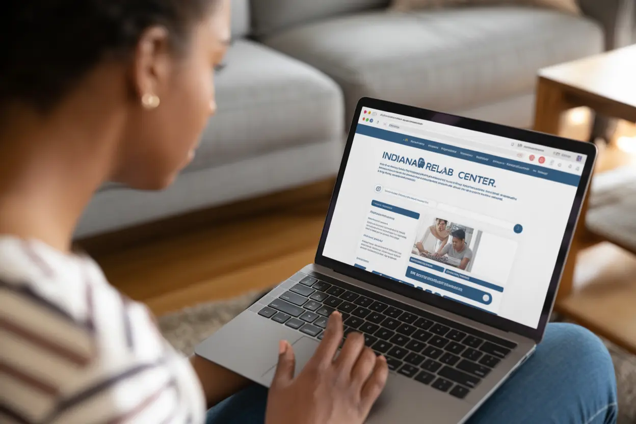 A woman searching for rehab facilities in Indiana on her laptop at home, feeling empowered.