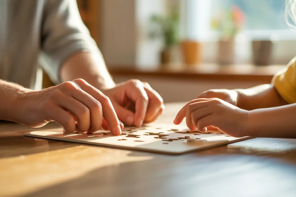A parent and child's hands work together on a puzzle, symbolizing the process of creating a parenting plan.
