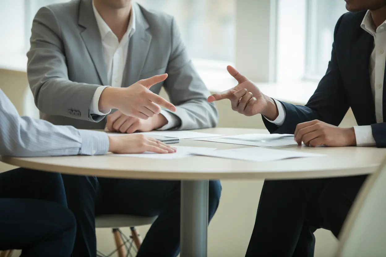 Three people sit at a table in a calm office setting, gesturing over papers during a mediation session.