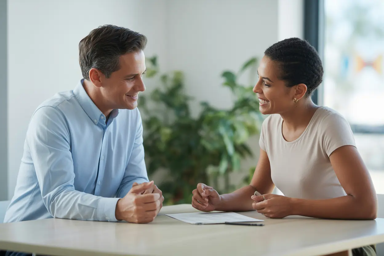 A clinician and a patient sit at a table, collaboratively reviewing a document, representing teamwork in treatment planning.