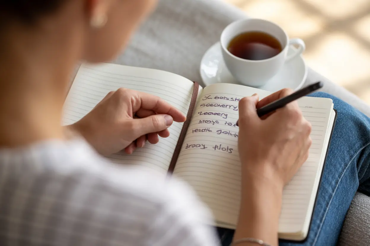 A person's hands writing personal recovery goals in a notebook, symbolizing taking control of their treatment journey.