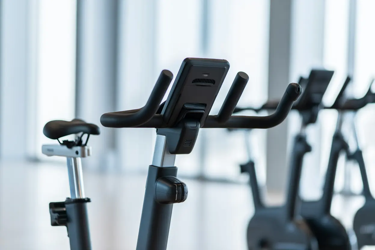 Close-up of the handlebars and console of a modern stationary bike in a rehab facility.