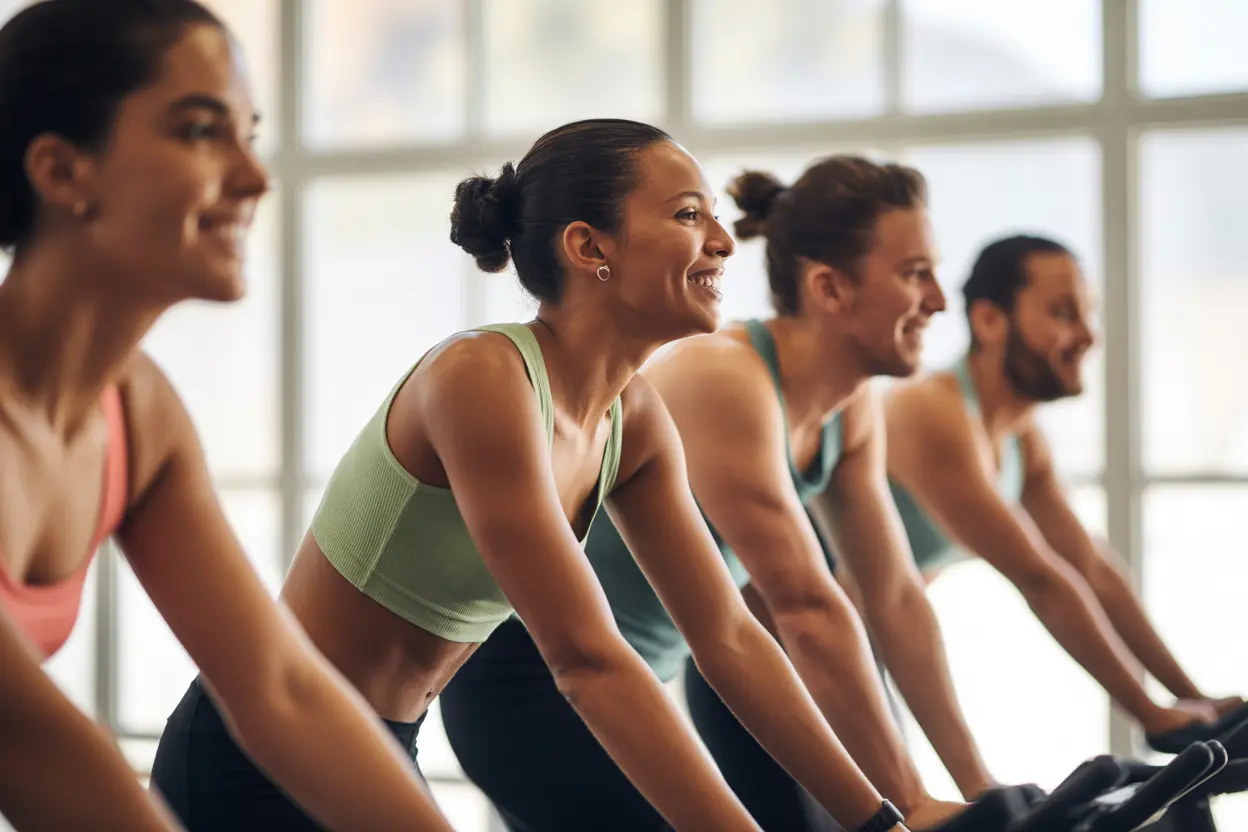 A diverse group of people enjoying a class in a sunlit cycling studio.