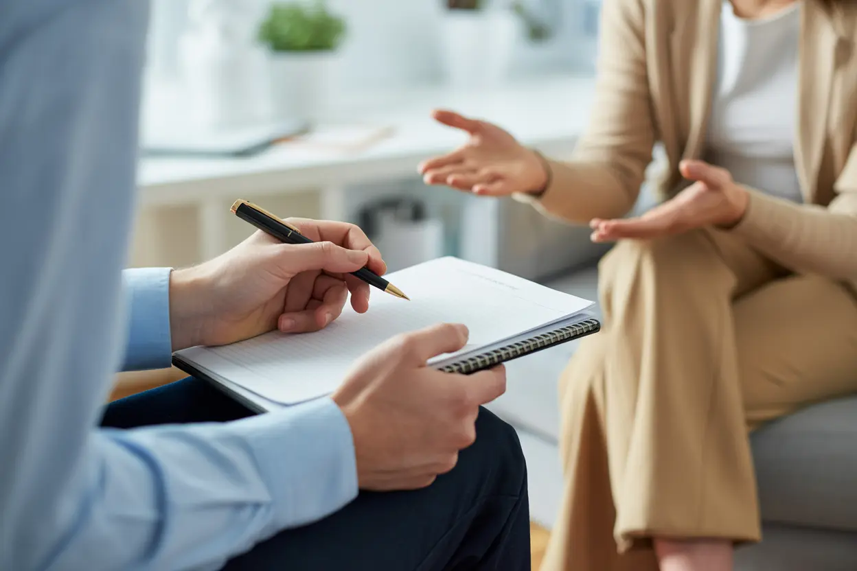 A compassionate therapist's hands during a session, symbolizing professional support and guidance.