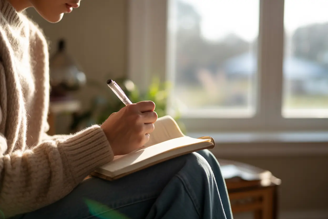 A person journaling in a sunlit room, reflecting on their emotions and journey toward stability.