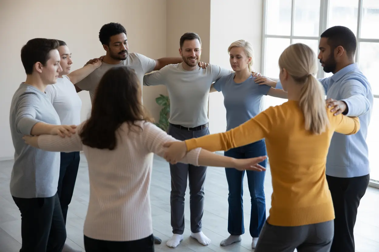A diverse group of people participating in a gentle, synchronized movement exercise during a dance therapy session.