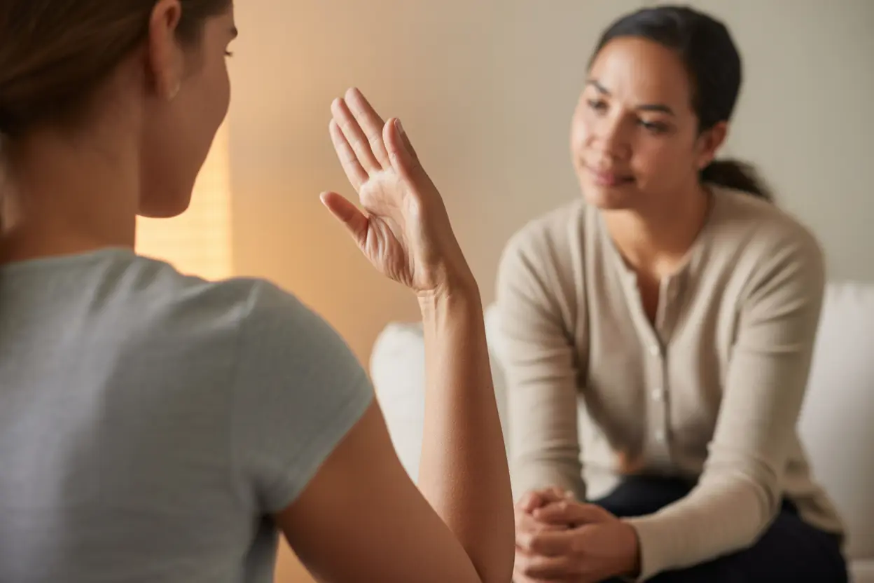 A therapist and client in a calm, supportive one-on-one dance movement therapy session.