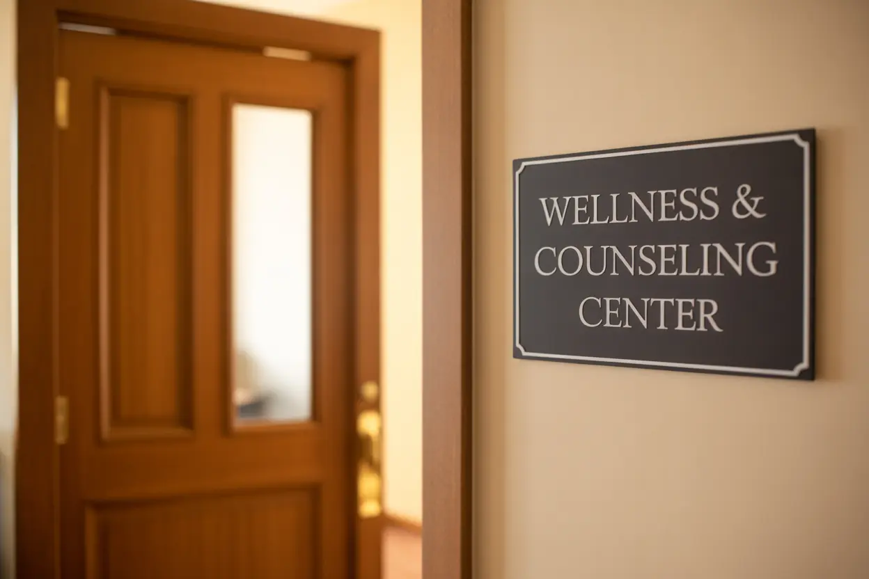 The welcoming front door of a wellness and counseling center, slightly ajar, inviting clients inside.